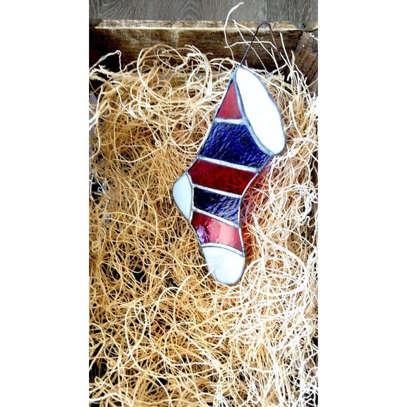Striped Christmas stocking stained glass ornament - Picture 2 of 3